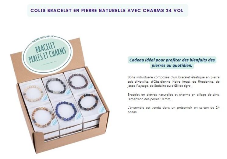 COLIS BRACELETS AVEC CHARMS EN PIERRE NATURELLE - 24 VOL PVC 15.90 TTC CDL 162
